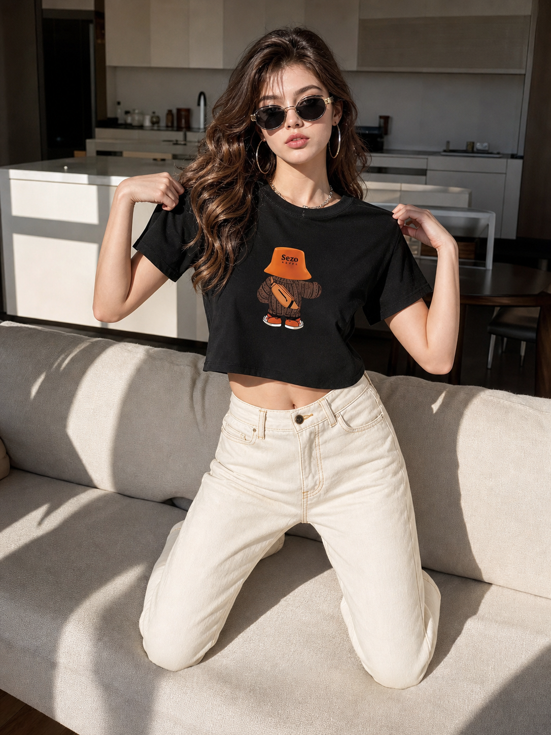 Women's Black Cropped Printed T-Shirt main product view