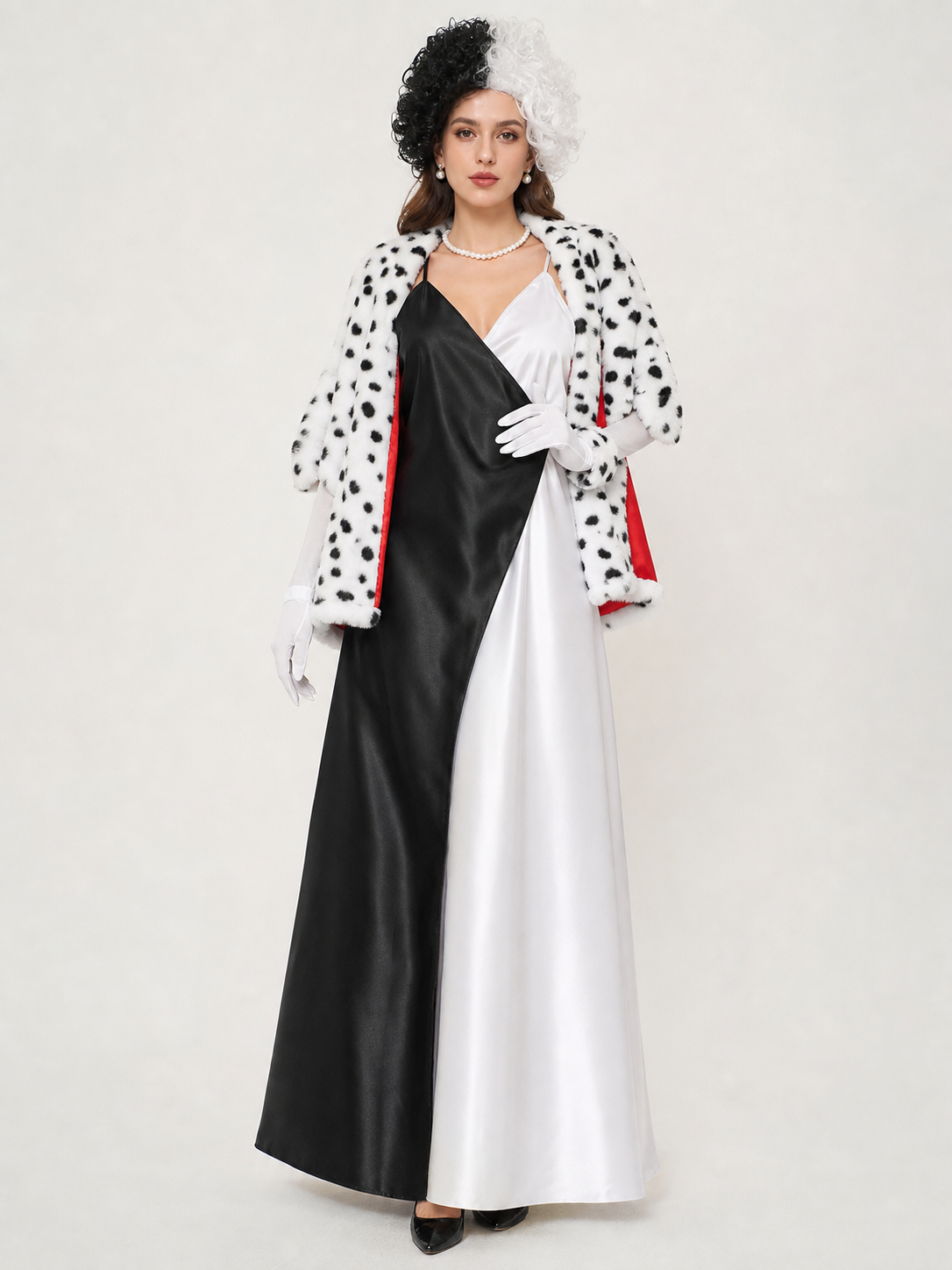 Women's Cruella cosplay costume with cape and gloves side view