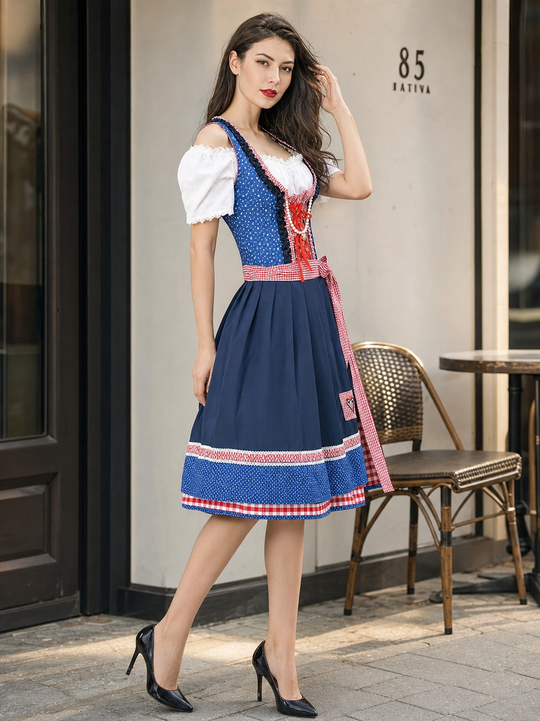 Women's Bavarian dirndl costume for Oktoberfest side view
