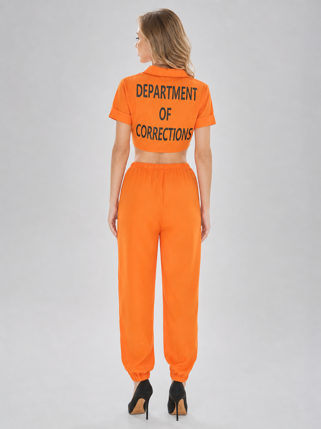 Inmate Costume with Top, Pants, and Handcuffs back view