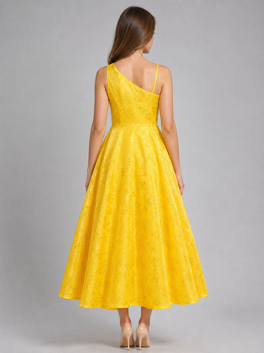 Evening Dress with Floral Print and a Rose on the Shoulder back view