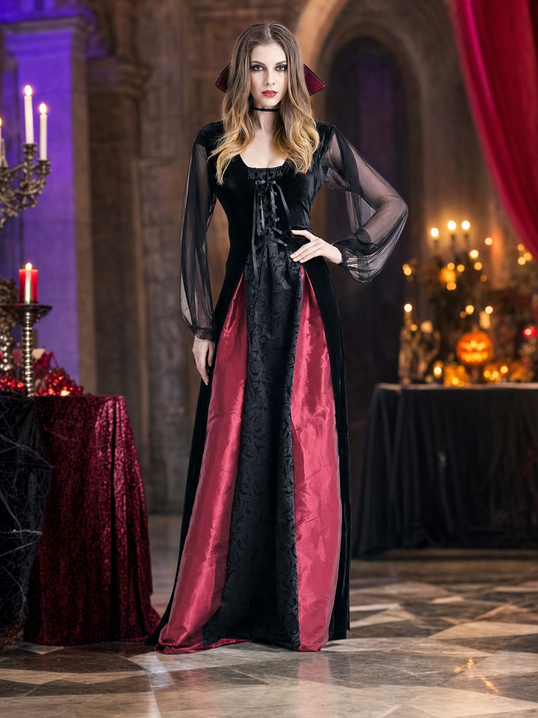 Gothic Halloween Costume Dress with Collar lifestyle view 2