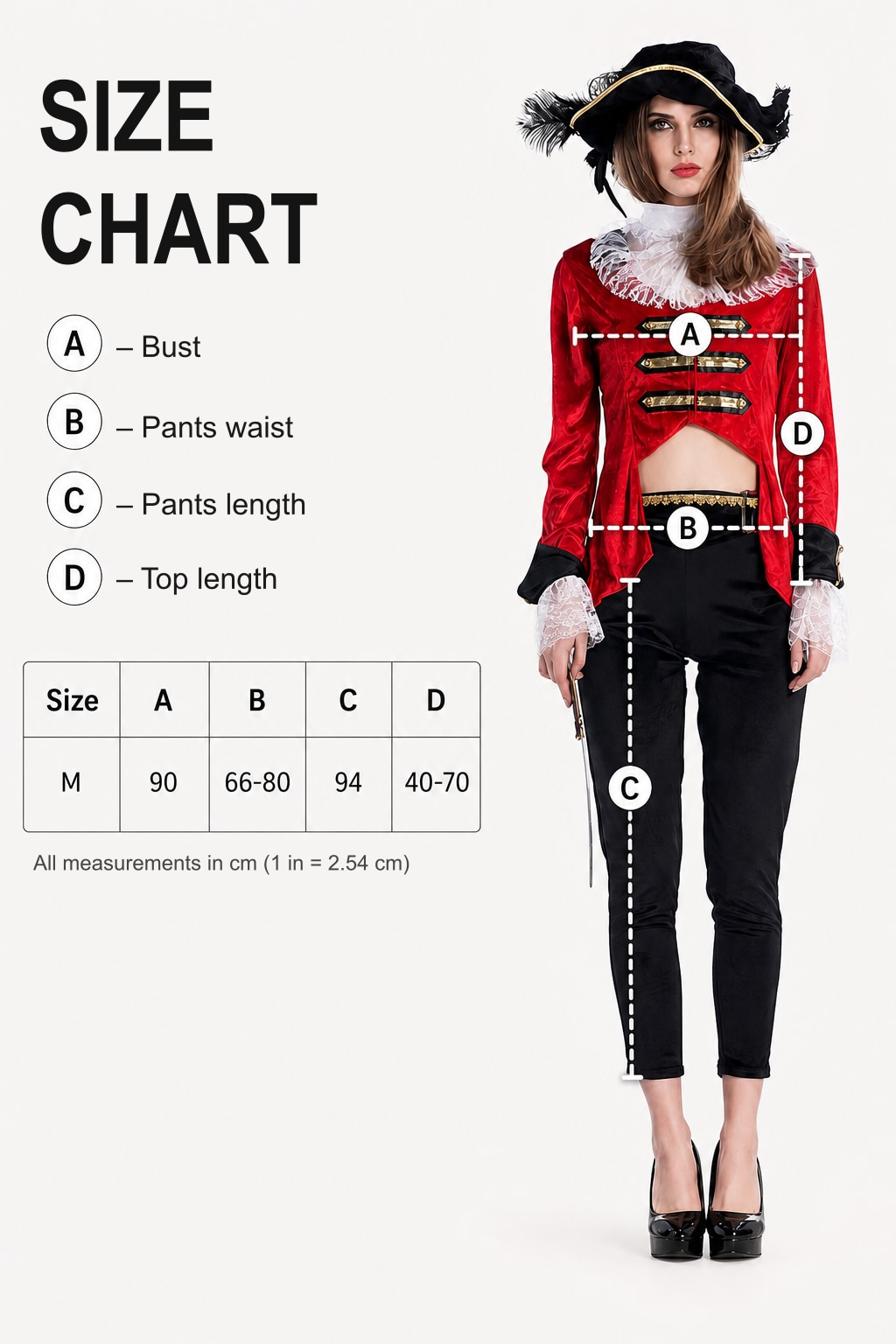 Size chart for the women's pirate costume, size M: bust, pants waist, pants length and top length in centimeters