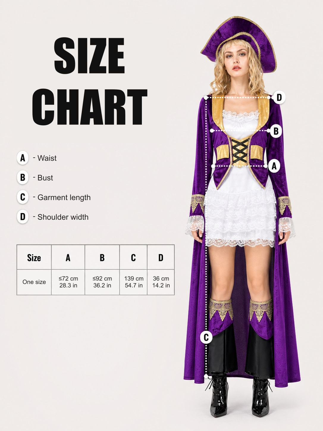 Size chart for the women's purple pirate costume: one size, waist up to 72 cm, bust up to 92 cm, length 139 cm, shoulder 36 cm