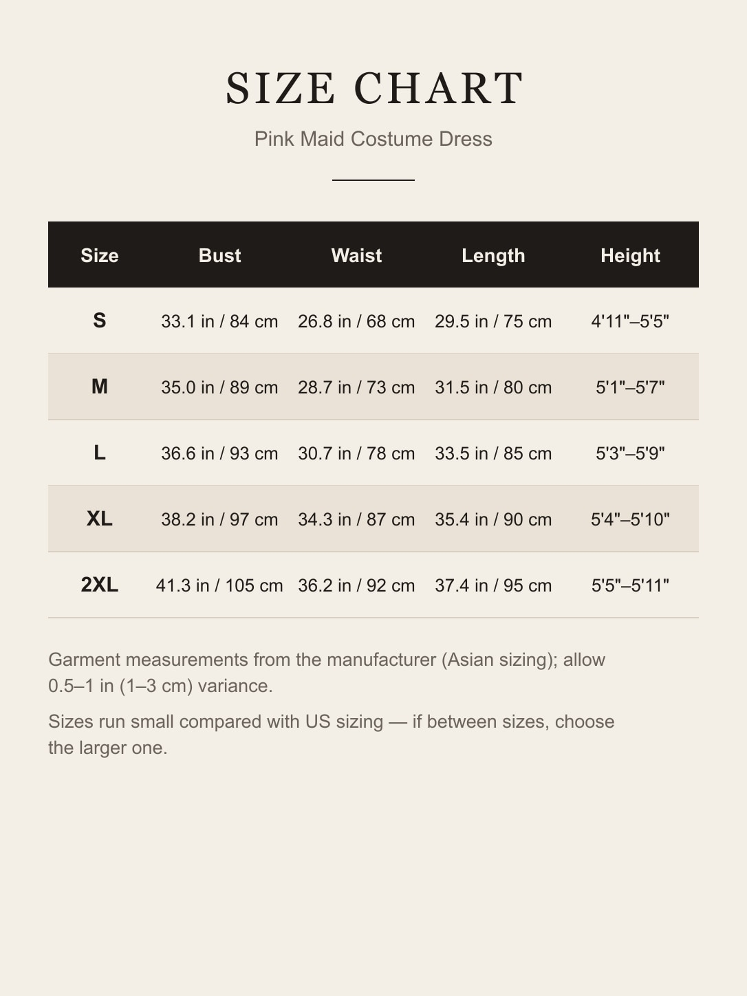 Size chart for the pink maid costume dress in S, M, L, XL and 2XL with bust, waist, length and height