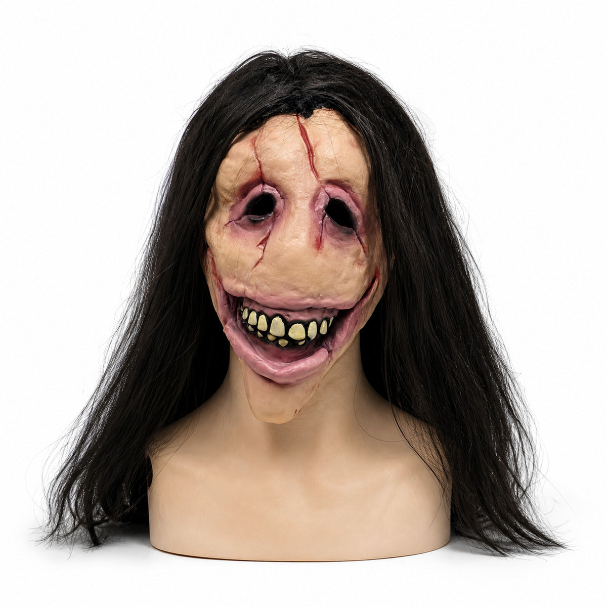 Slit Mouth Woman Mask Scary Female Ghost Hair Creepy Smile Horror Latex Face Cover Halloween Costume Cosplay Party Props Adults