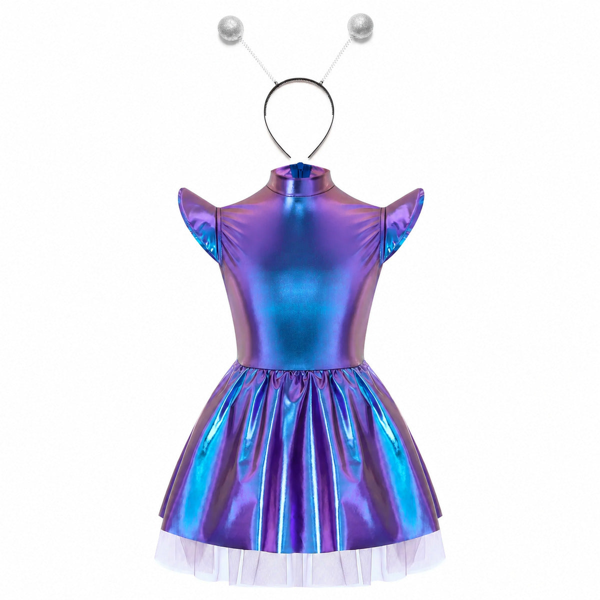 Children Girls Shiny Halloween Alien Cosplay Fancy Costume Space Robot Astronaut Galaxy Warrior Dress Up Leotards Tutu Dress - Color:Colorful Silver A