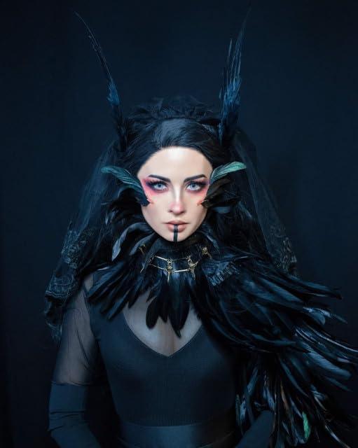 HOMELEX Black Witch Feather Collar Crow Shawl Costume Halloween Swan Wings Accessories Cape for Women - HOMELEX