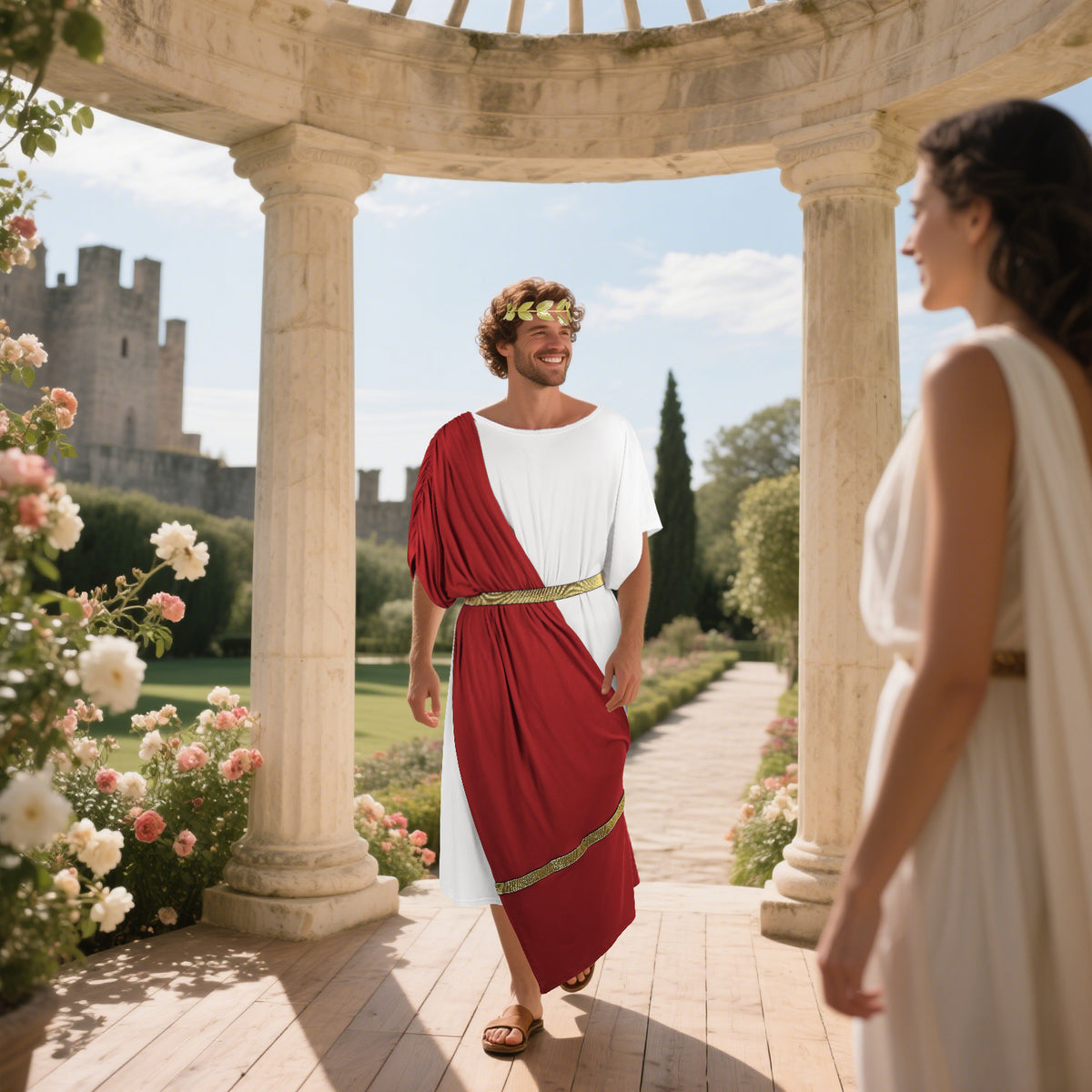 Man in the red and white Greek toga costume and gold leaf headband walking through a garden colonnade