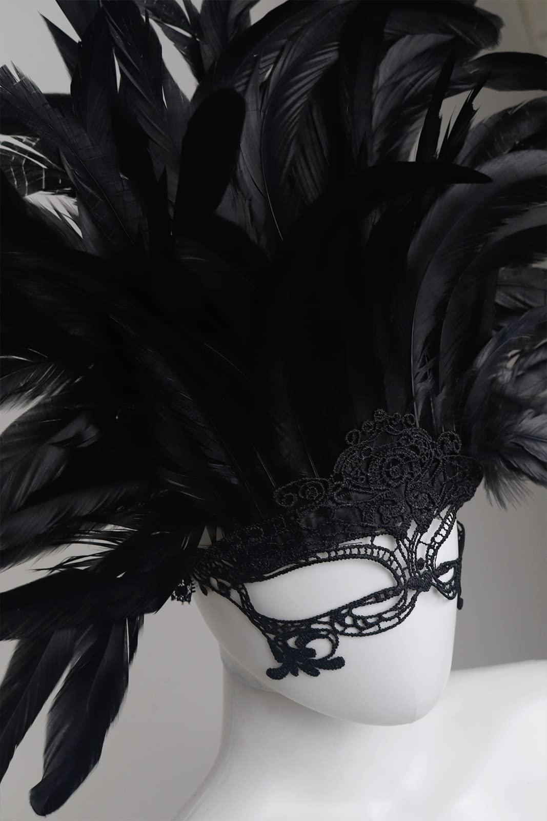 HOMELEX Masquerade Mask for Women with Feathers Halloween Mardi Gras Cosplay Party Costume (Black-1) - HOMELEX