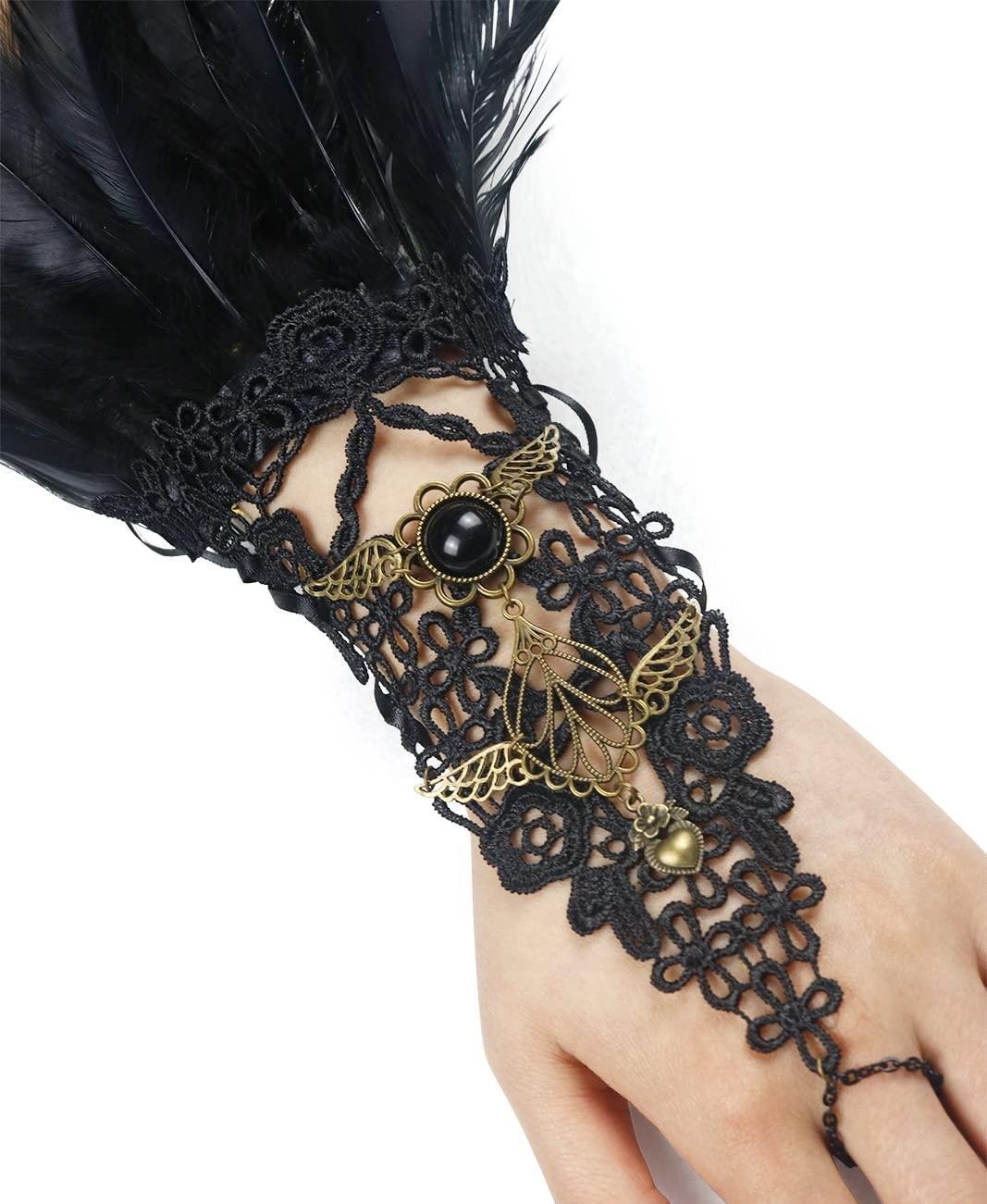 HOMELEX Women Black Lace Feather Gloves Witch Angel Costume Accessories Swan Wings Wrist Bands - HOMELEX
