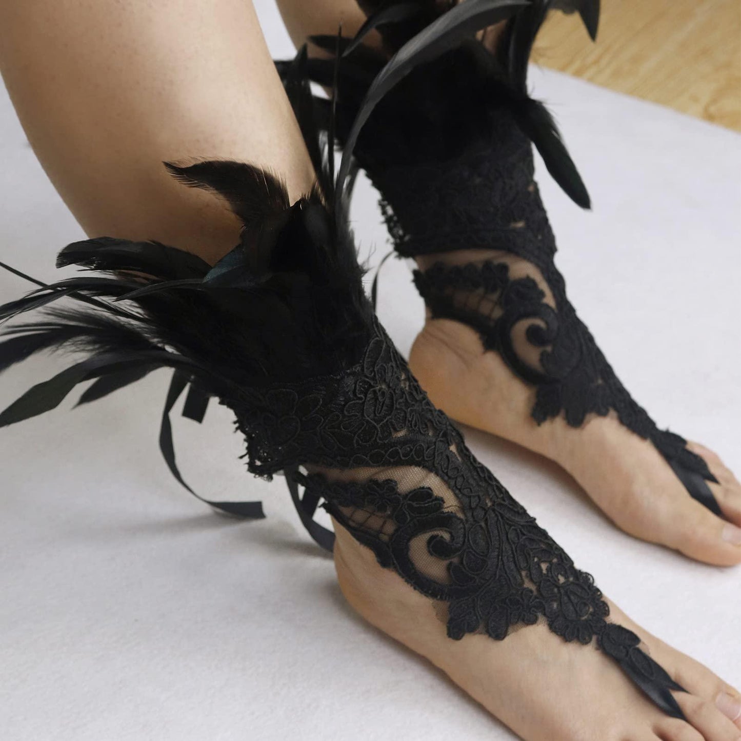 HOMELEX Women Black Lace Feather Gloves Witch Angel Costume Accessories Swan Wings Wrist Bands - HOMELEX