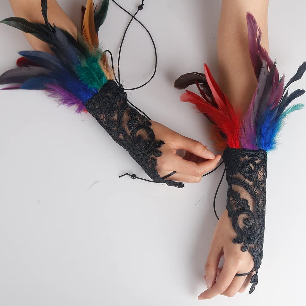 HOMELEX Women Black Lace Feather Gloves Witch Angel Costume Accessories Swan Wings Wrist Bands - HOMELEX