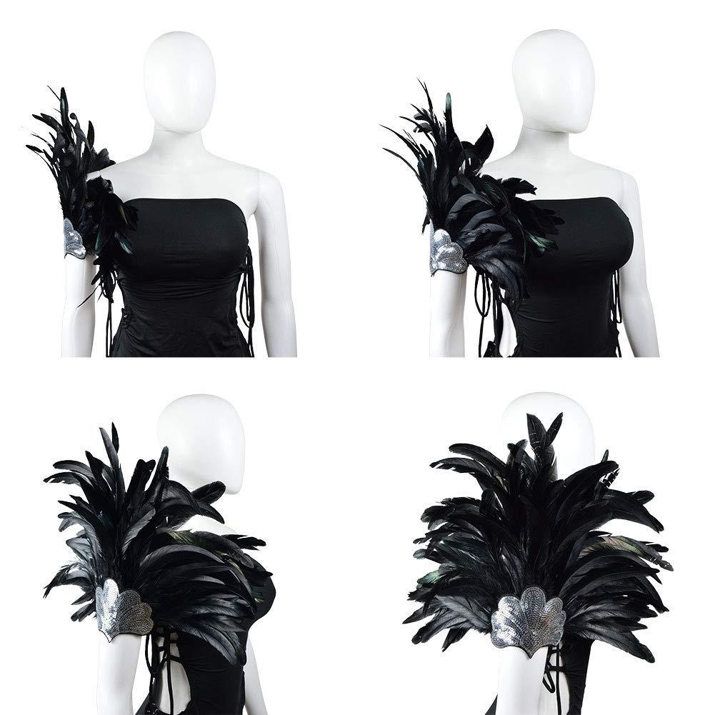 Black feather piece styled on a mannequin's shoulder, shown from the front, side and back