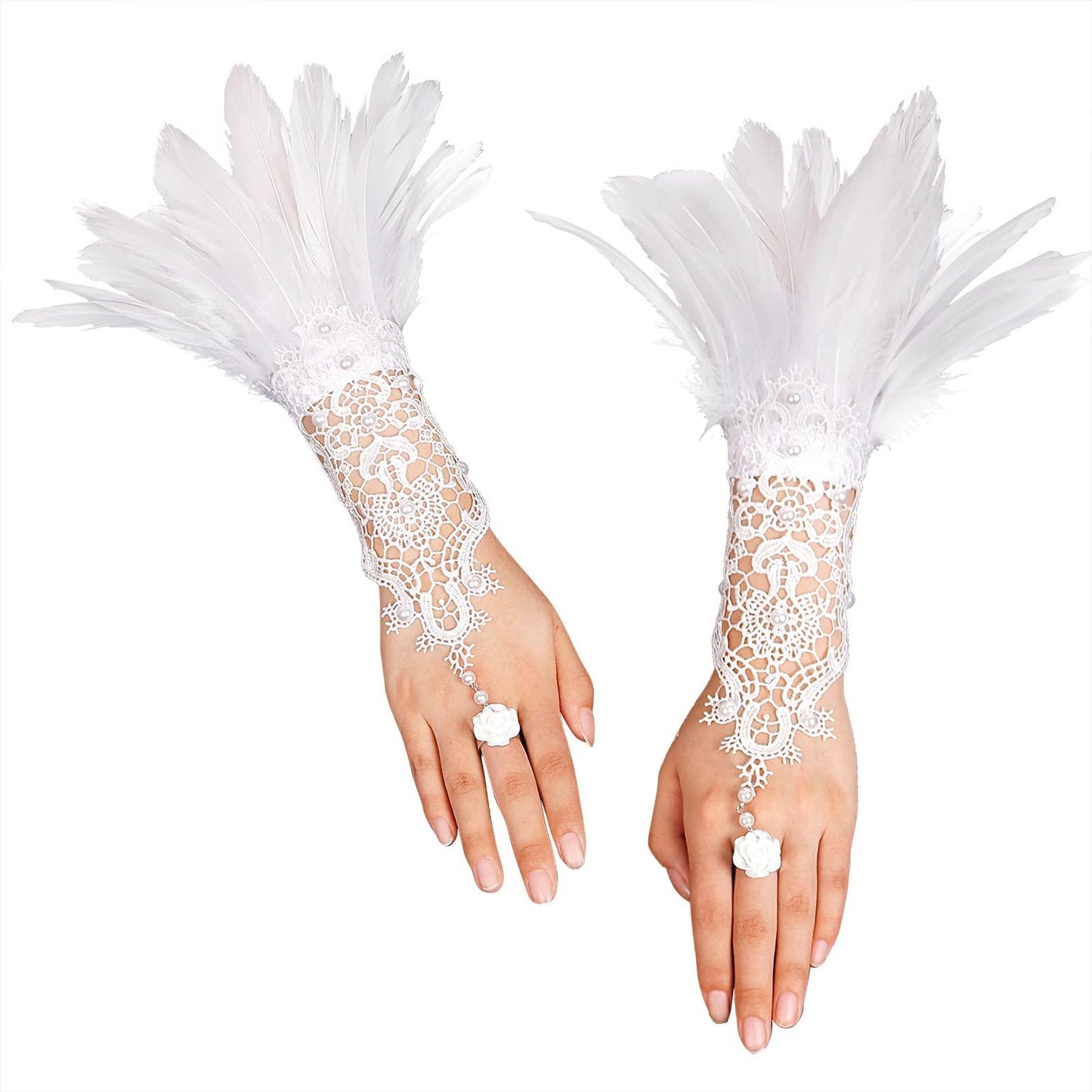 HOMELEX Women Black Lace Feather Gloves Witch Angel Costume Accessories Swan Wings Wrist Bands - HOMELEX