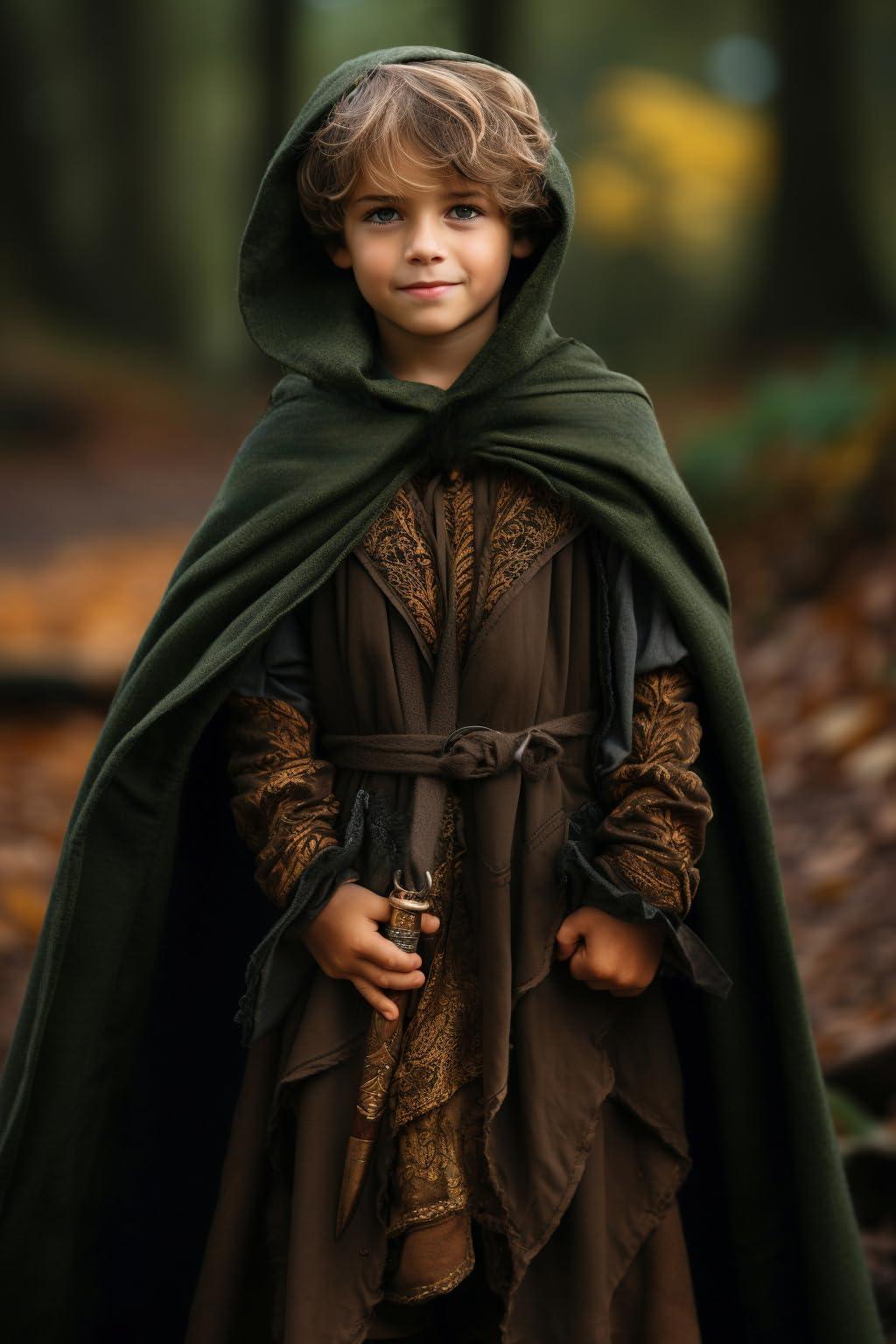 Boy wearing the dark green hooded medieval cloak in an autumn forest