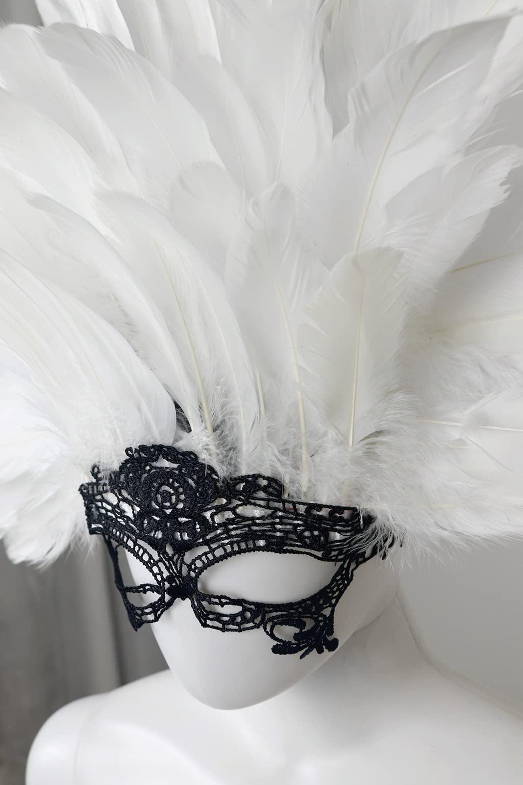 HOMELEX Masquerade Mask for Women with Feathers Halloween Mardi Gras Cosplay Party Costume (White-1) - HOMELEX