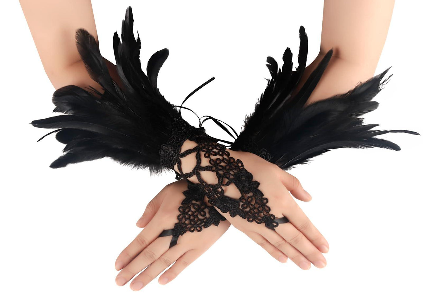 HOMELEX Women Black Lace Feather Gloves Witch Angel Costume Accessories Swan Wings Wrist Bands - HOMELEX