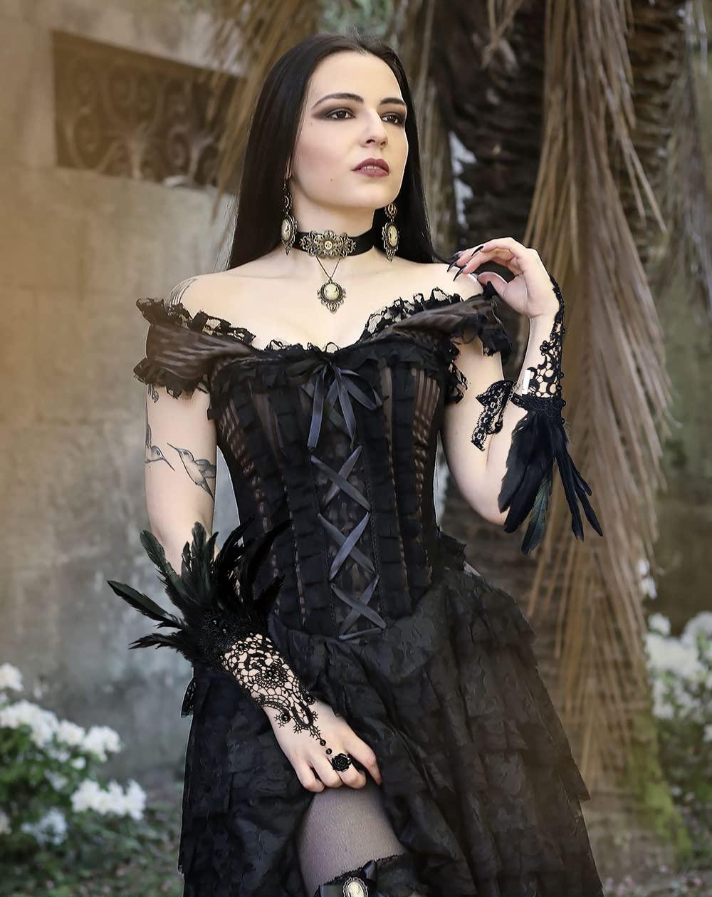 HOMELEX Women Black Lace Feather Gloves Witch Angel Costume Accessories Swan Wings Wrist Bands - HOMELEX