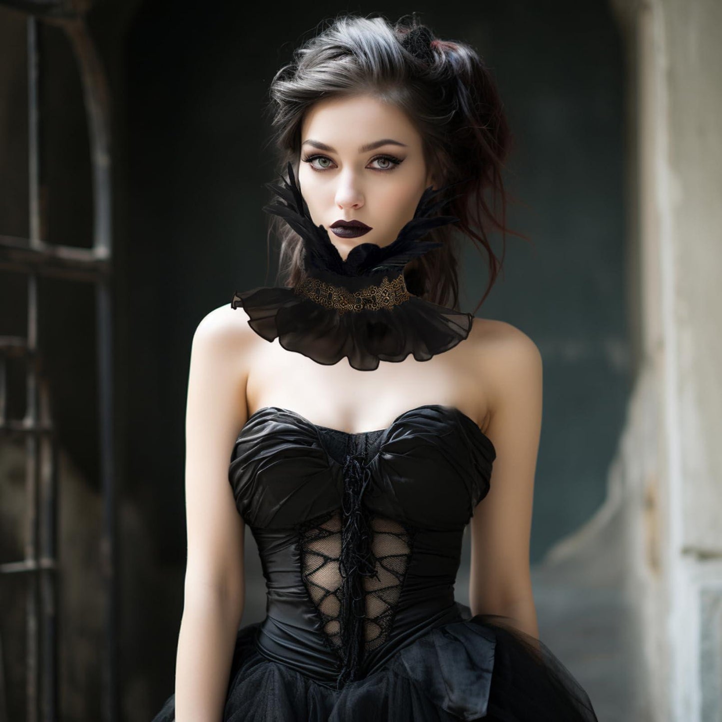 HOMELEX Gothic Victorian Black Natural Feather Collar Choker Halloween Shawl Cape - HOMELEX