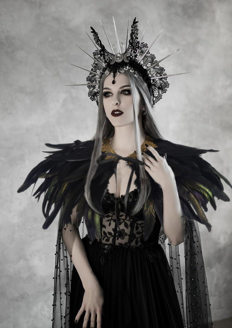 HOMELEX Black Witch Feather Collar Crow Shawl Costume Halloween Swan Wings Accessories Cape for Women - HOMELEX
