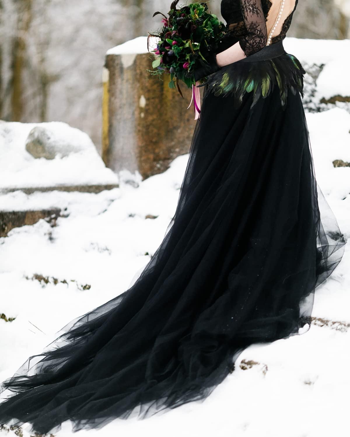 Women's Gothic Black Mesh Natural Feather Skirt and Floor Length Long Tulle Dress - HOMELEX