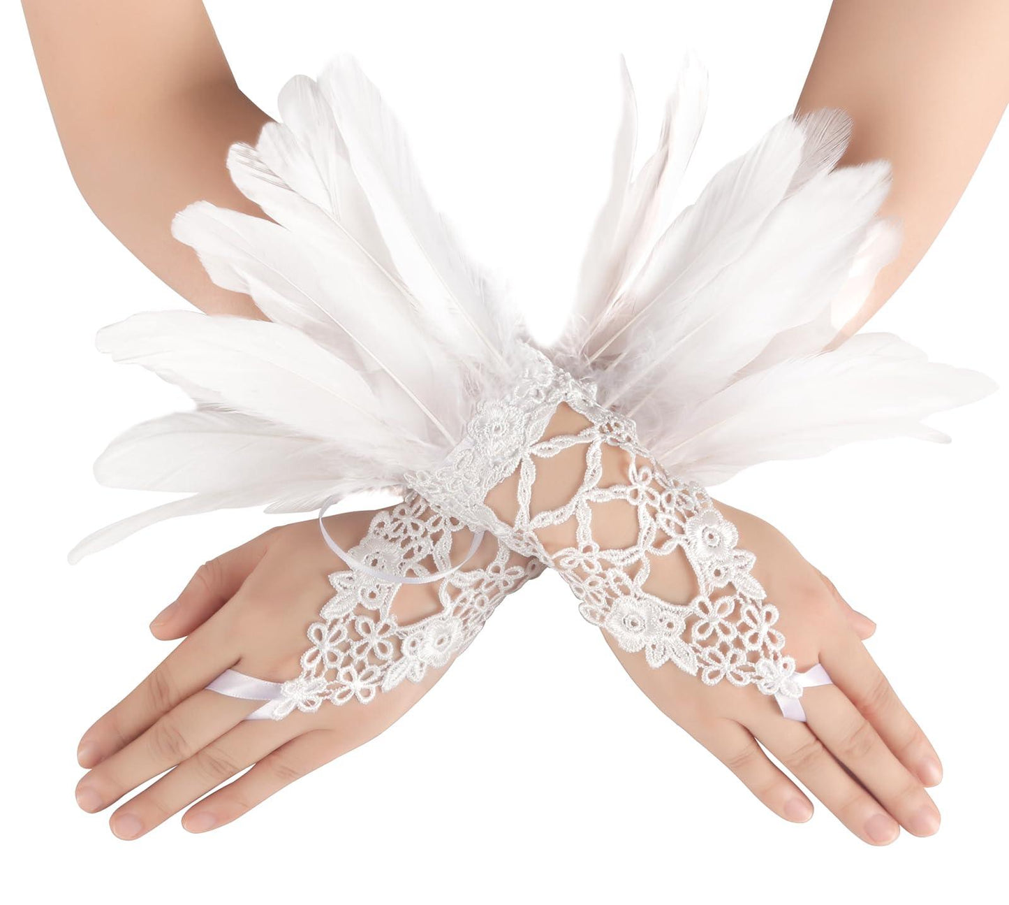 HOMELEX Women Black Lace Feather Gloves Witch Angel Costume Accessories Swan Wings Wrist Bands - HOMELEX