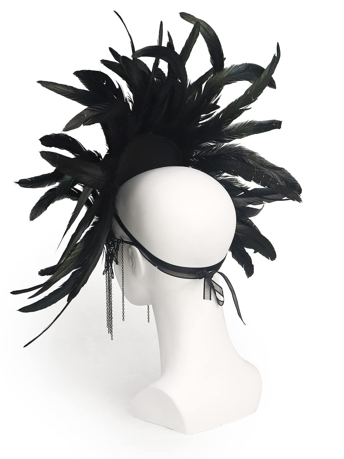 Back view of a black feather masquerade mask on a mannequin, showing the feather arrangement and black tie strap