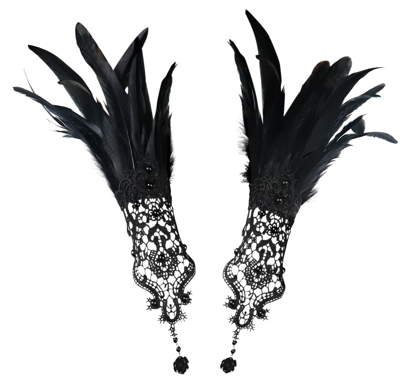 HOMELEX Women Black Lace Feather Gloves Witch Angel Costume Accessories Swan Wings Wrist Bands - HOMELEX