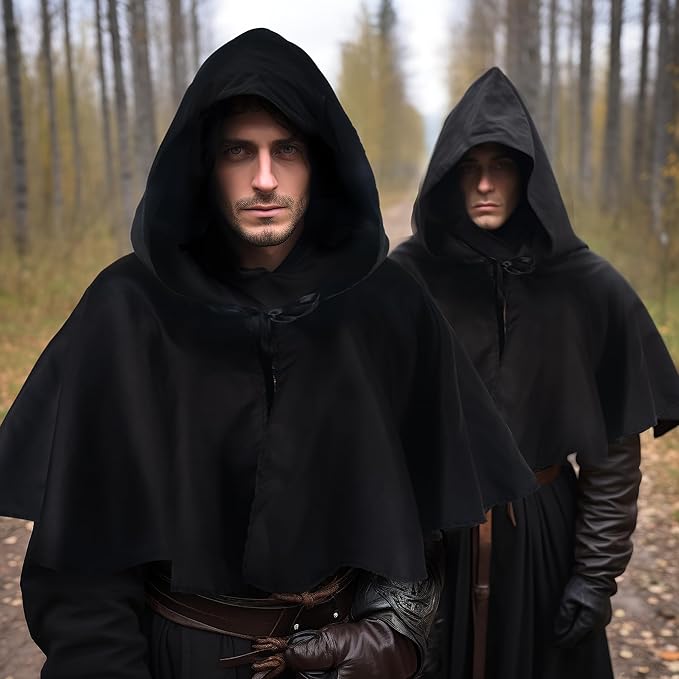 HOMELEX Black Cloak with Hood - Medieval Hooded Cape Renaissance Grim Cowl Halloween Costume for Adult