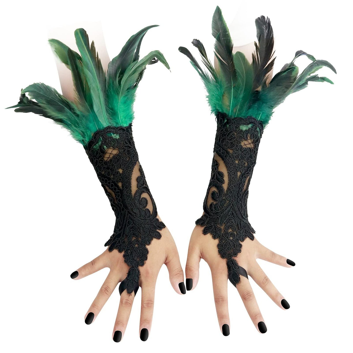 HOMELEX Women Black Lace Feather Gloves Witch Angel Costume Accessories Swan Wings Wrist Bands - HOMELEX