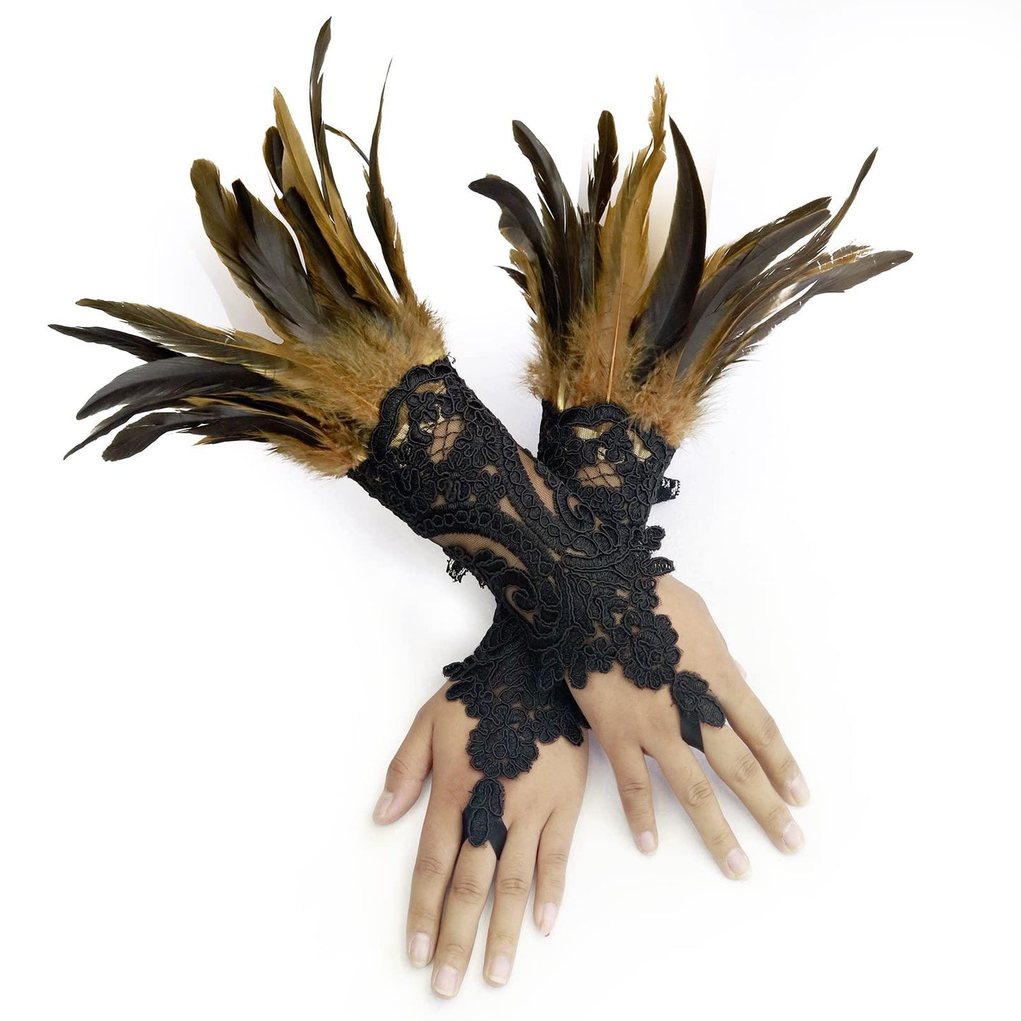 HOMELEX Women Black Lace Feather Gloves Witch Angel Costume Accessories Swan Wings Wrist Bands - HOMELEX