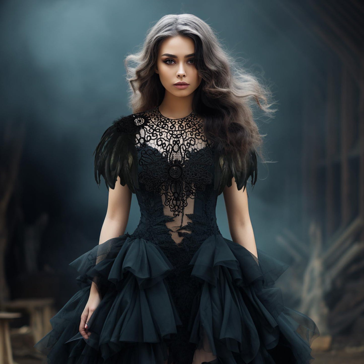 HOMELEX Shoulder Pad with Feathers Wings Halloween Witch Harness Carnival Costumes for Women Masquerade Raven Costume - HOMELEX