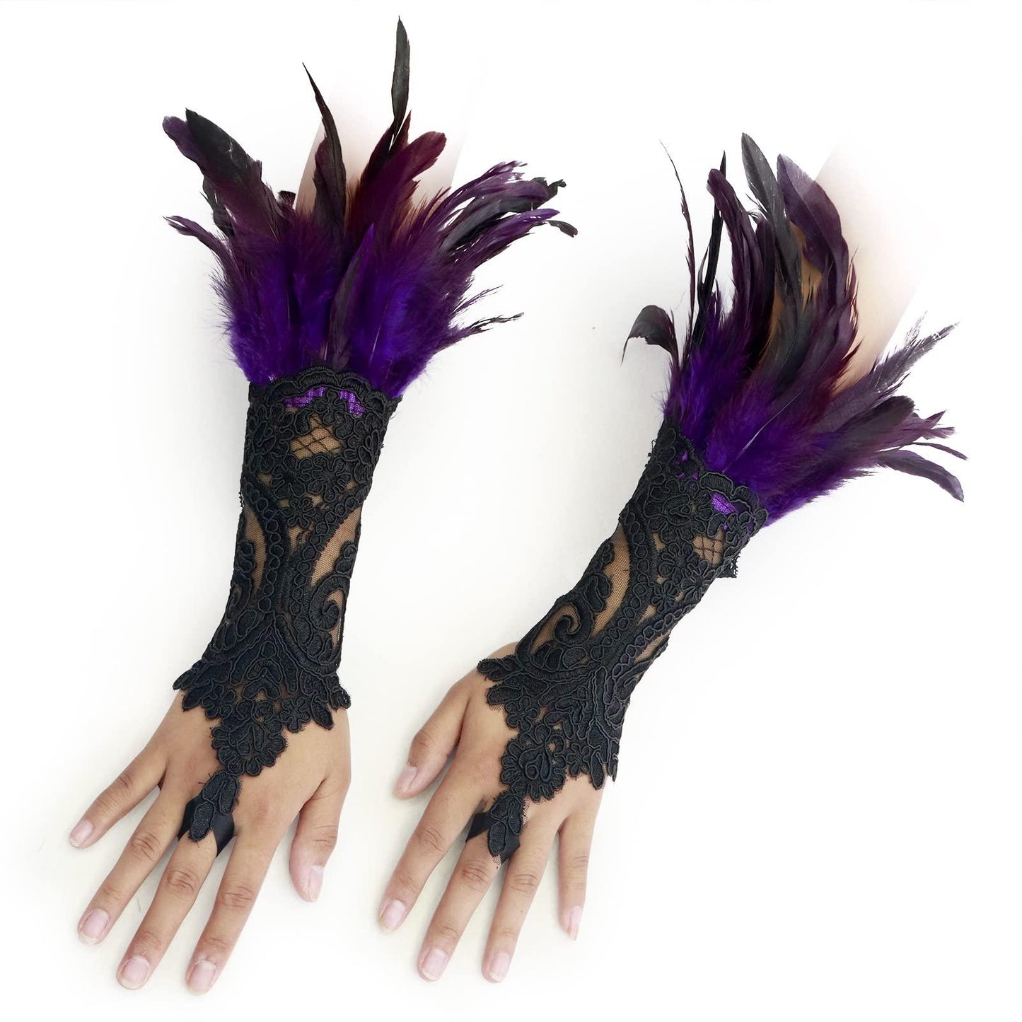 HOMELEX Women Black Lace Feather Gloves Witch Angel Costume Accessories Swan Wings Wrist Bands - HOMELEX