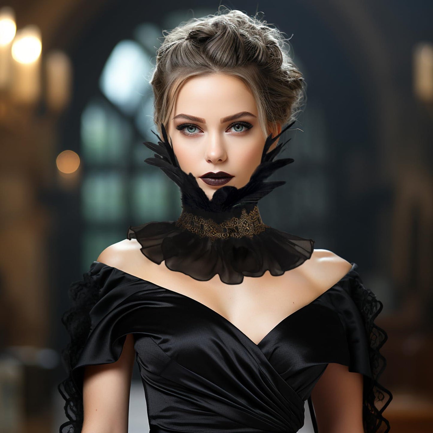 HOMELEX Gothic Victorian Black Natural Feather Collar Choker Halloween Shawl Cape - HOMELEX