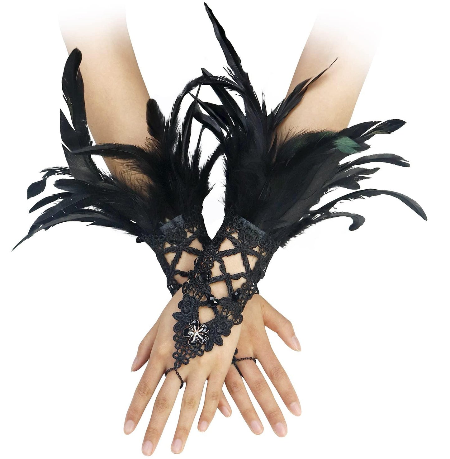 HOMELEX Women Black Lace Feather Gloves Witch Angel Costume Accessories Swan Wings Wrist Bands - HOMELEX