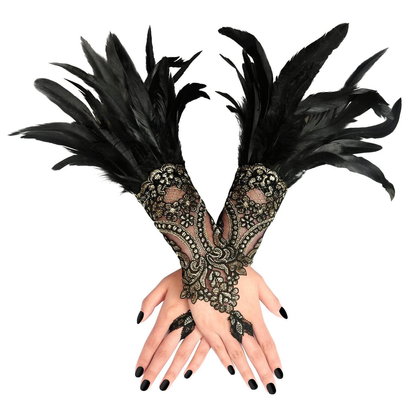 HOMELEX Women Black Lace Feather Gloves Witch Angel Costume Accessories Swan Wings Wrist Bands - HOMELEX