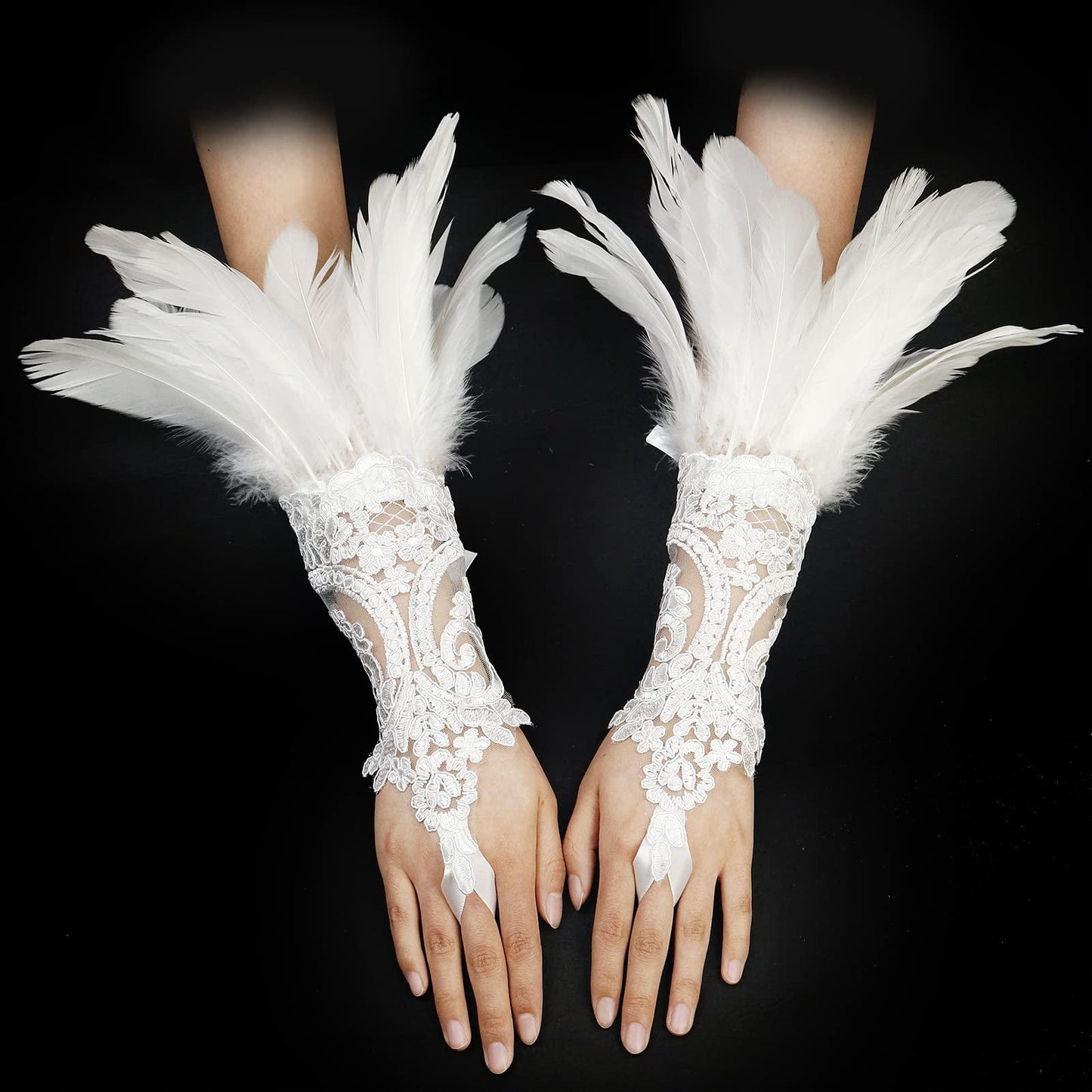 HOMELEX Women Black Lace Feather Gloves Witch Angel Costume Accessories Swan Wings Wrist Bands - HOMELEX