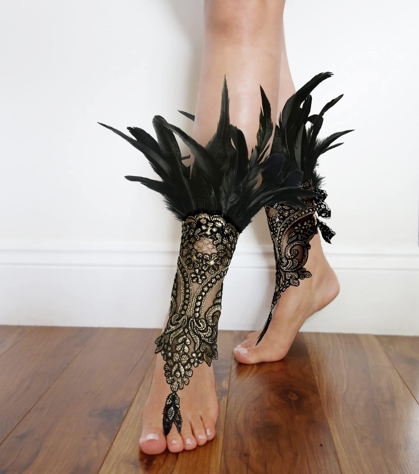 HOMELEX Women Black Lace Feather Gloves Witch Angel Costume Accessories Swan Wings Wrist Bands - HOMELEX