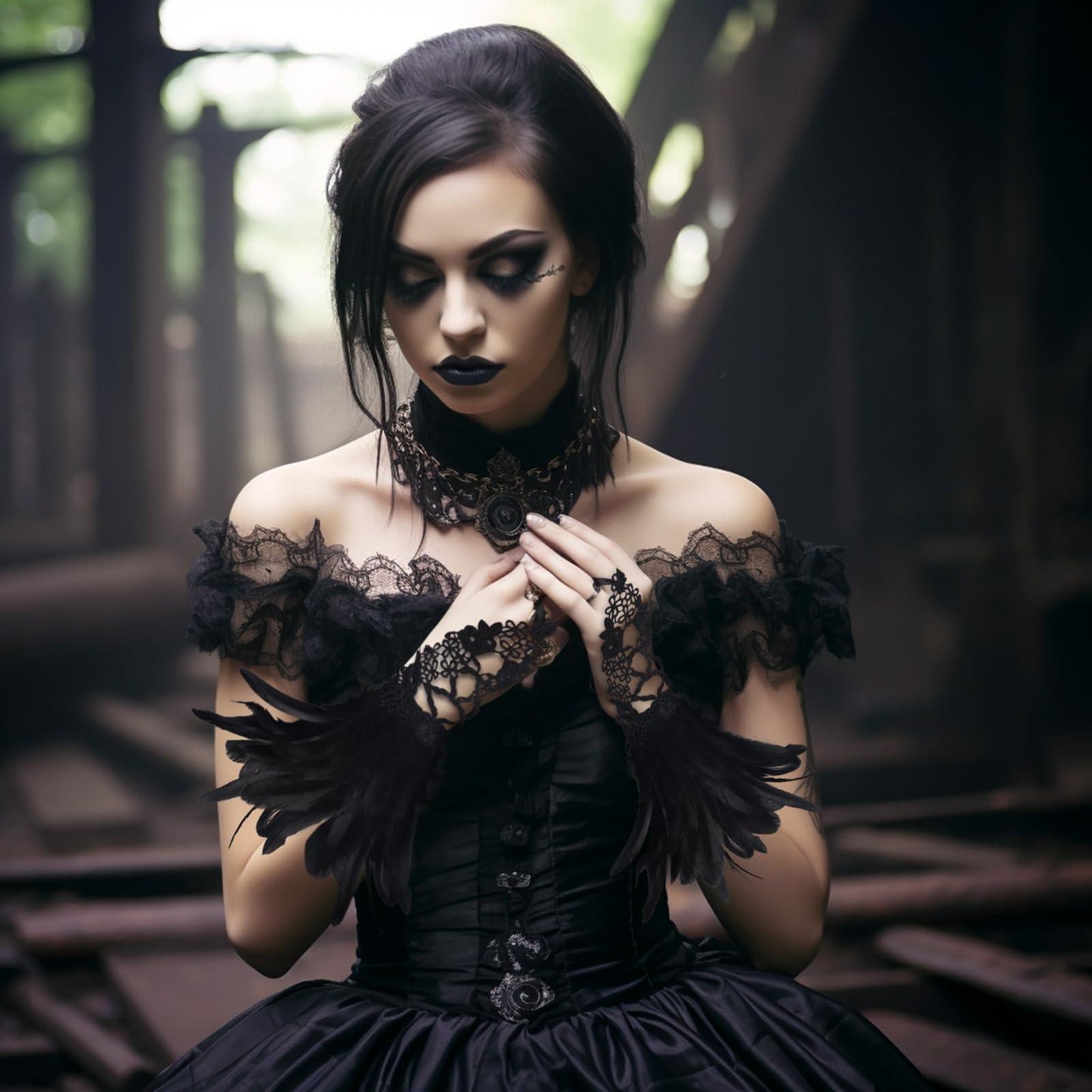 HOMELEX Women Black Lace Feather Gloves Witch Angel Costume Accessories Swan Wings Wrist Bands - HOMELEX