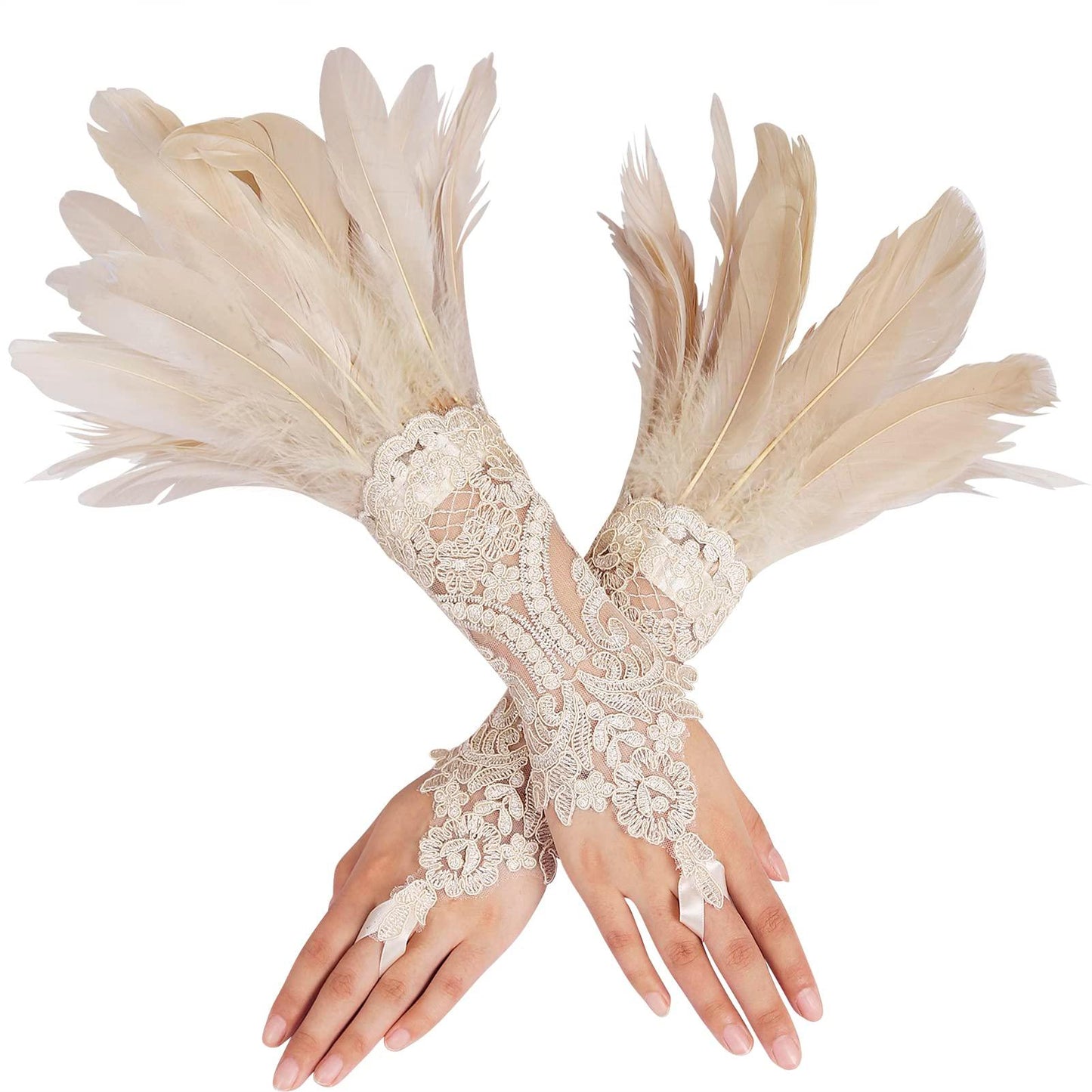 HOMELEX Women Black Lace Feather Gloves Witch Angel Costume Accessories Swan Wings Wrist Bands - HOMELEX
