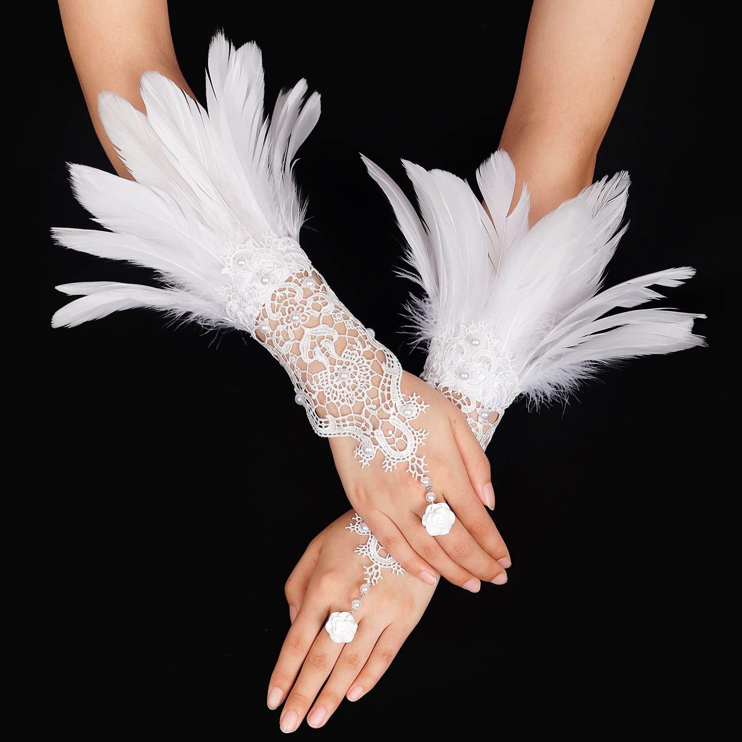 HOMELEX Women Black Lace Feather Gloves Witch Angel Costume Accessories Swan Wings Wrist Bands - HOMELEX