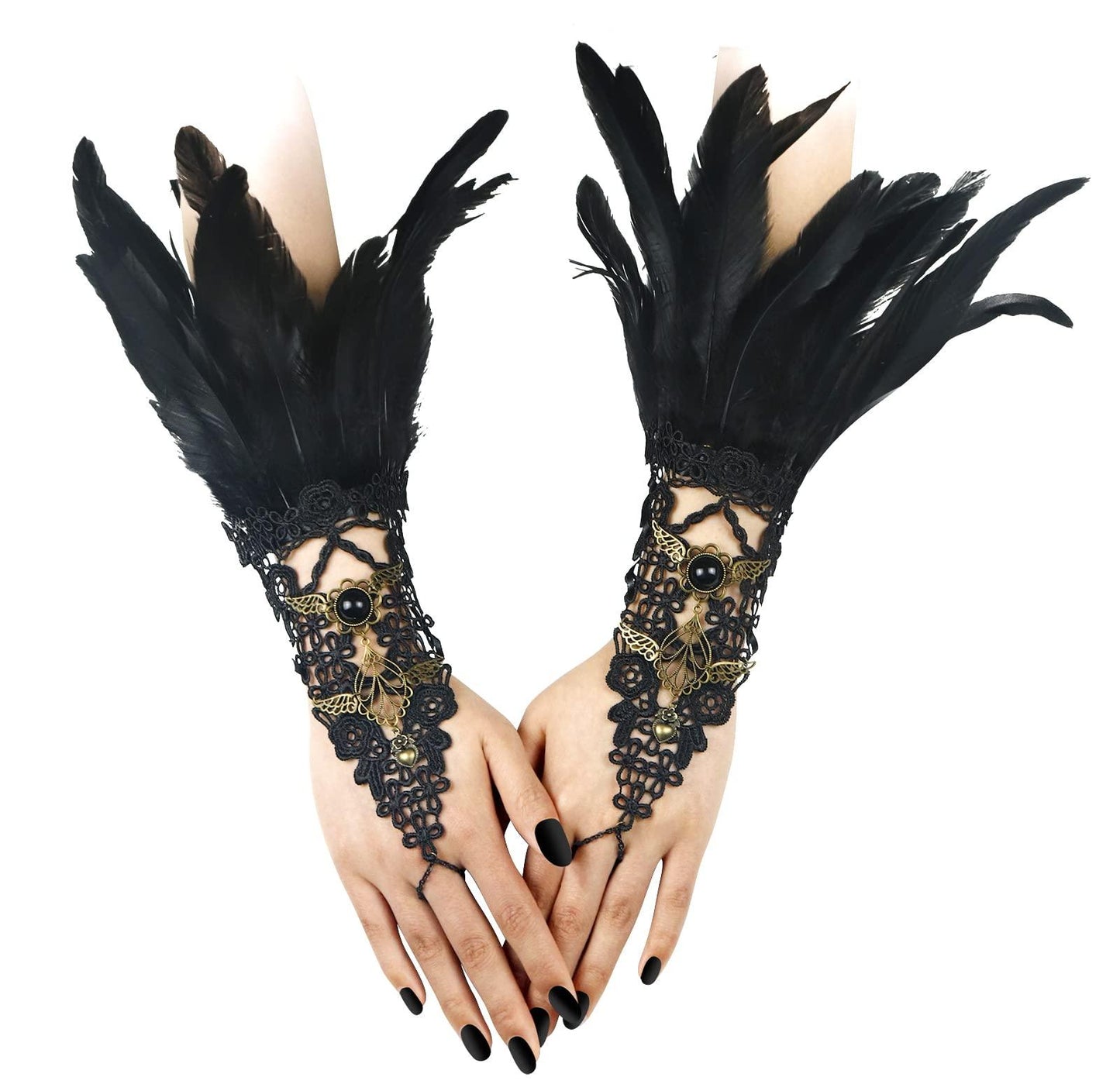 HOMELEX Women Black Lace Feather Gloves Witch Angel Costume Accessories Swan Wings Wrist Bands - HOMELEX