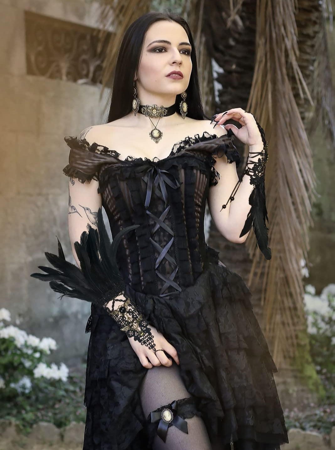 HOMELEX Women Black Lace Feather Gloves Witch Angel Costume Accessories Swan Wings Wrist Bands - HOMELEX