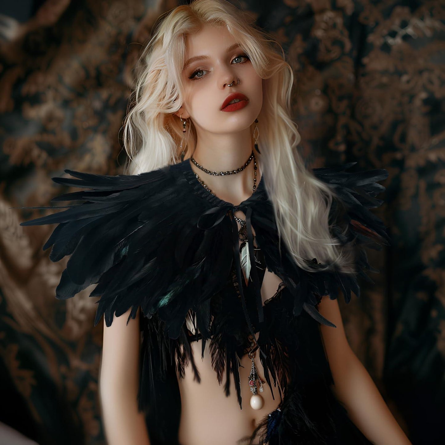 HOMELEX Black Witch Feather Collar Crow Shawl Costume Halloween Swan Wings Accessories Cape for Women - HOMELEX