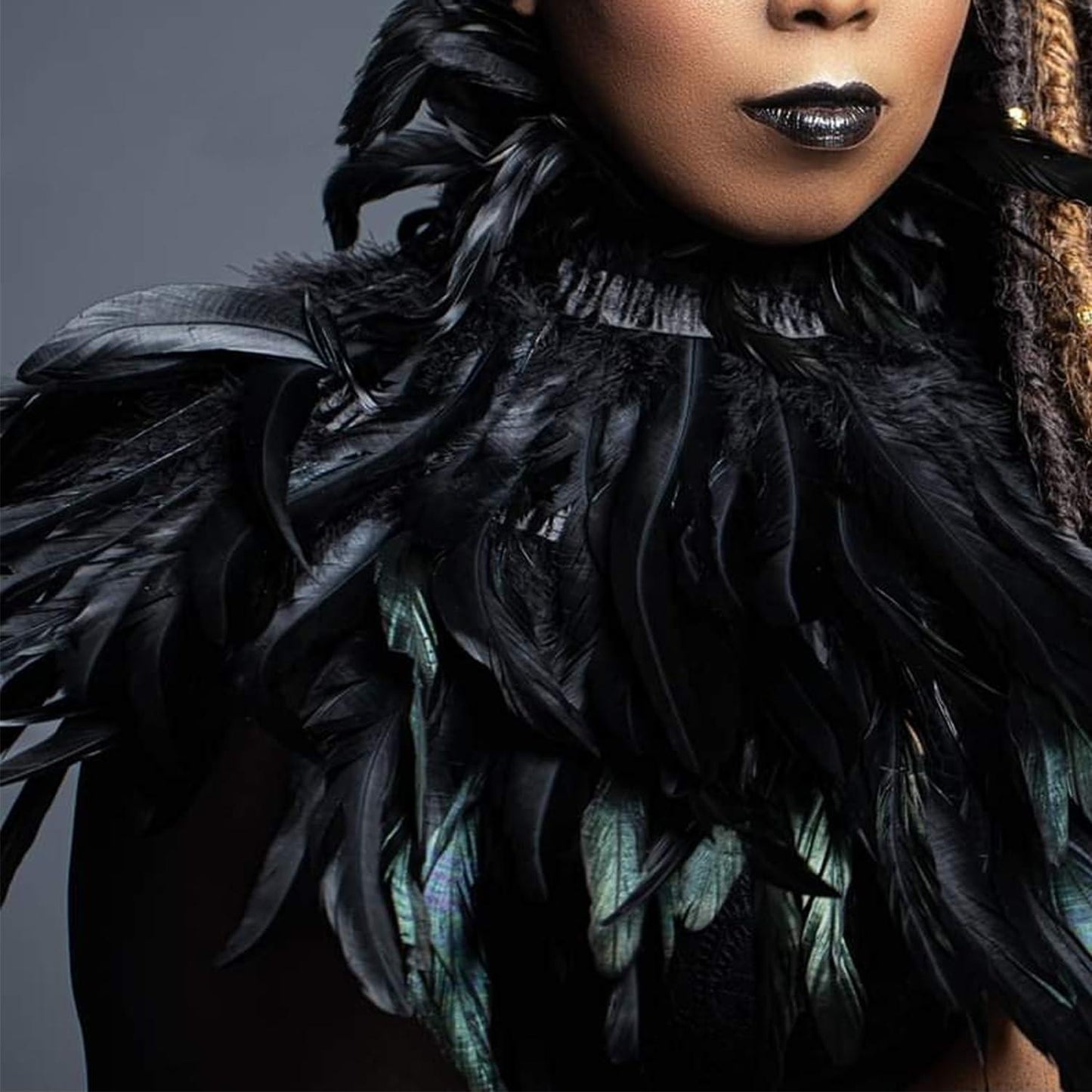 HOMELEX Black Witch Feather Collar Crow Shawl Costume Halloween Swan Wings Accessories Cape for Women - HOMELEX