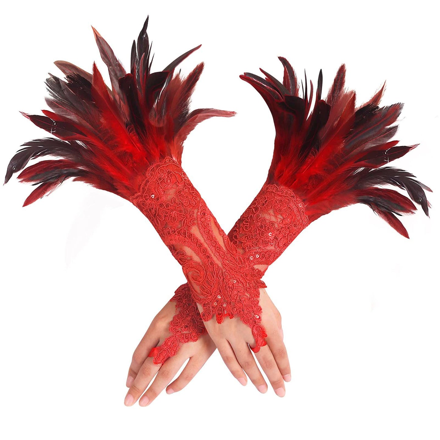 HOMELEX Women Black Lace Feather Gloves Witch Angel Costume Accessories Swan Wings Wrist Bands - HOMELEX