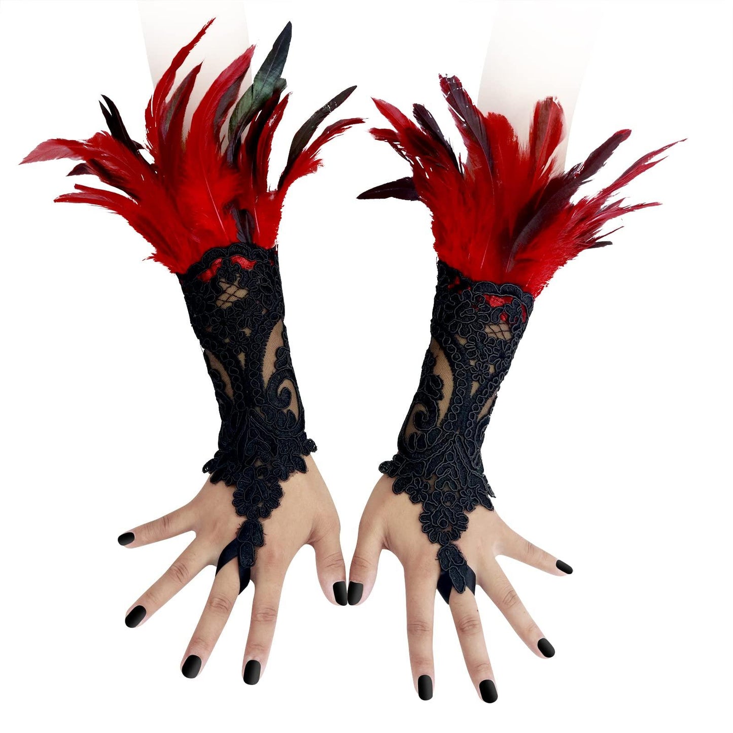 HOMELEX Women Black Lace Feather Gloves Witch Angel Costume Accessories Swan Wings Wrist Bands - HOMELEX