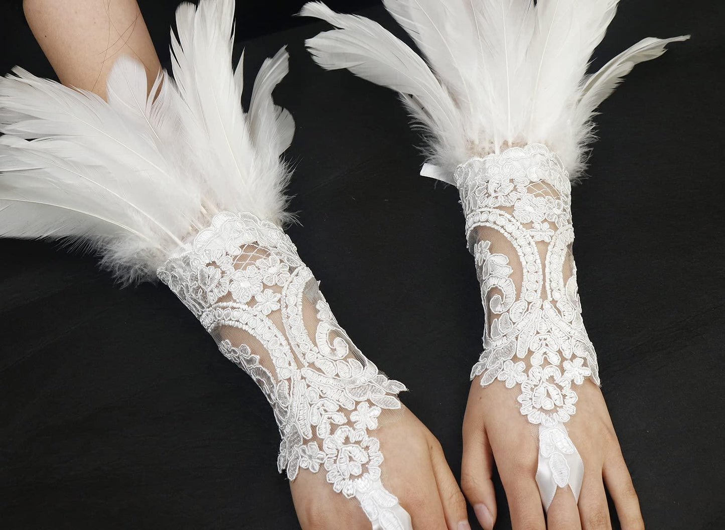 HOMELEX Women Black Lace Feather Gloves Witch Angel Costume Accessories Swan Wings Wrist Bands - HOMELEX