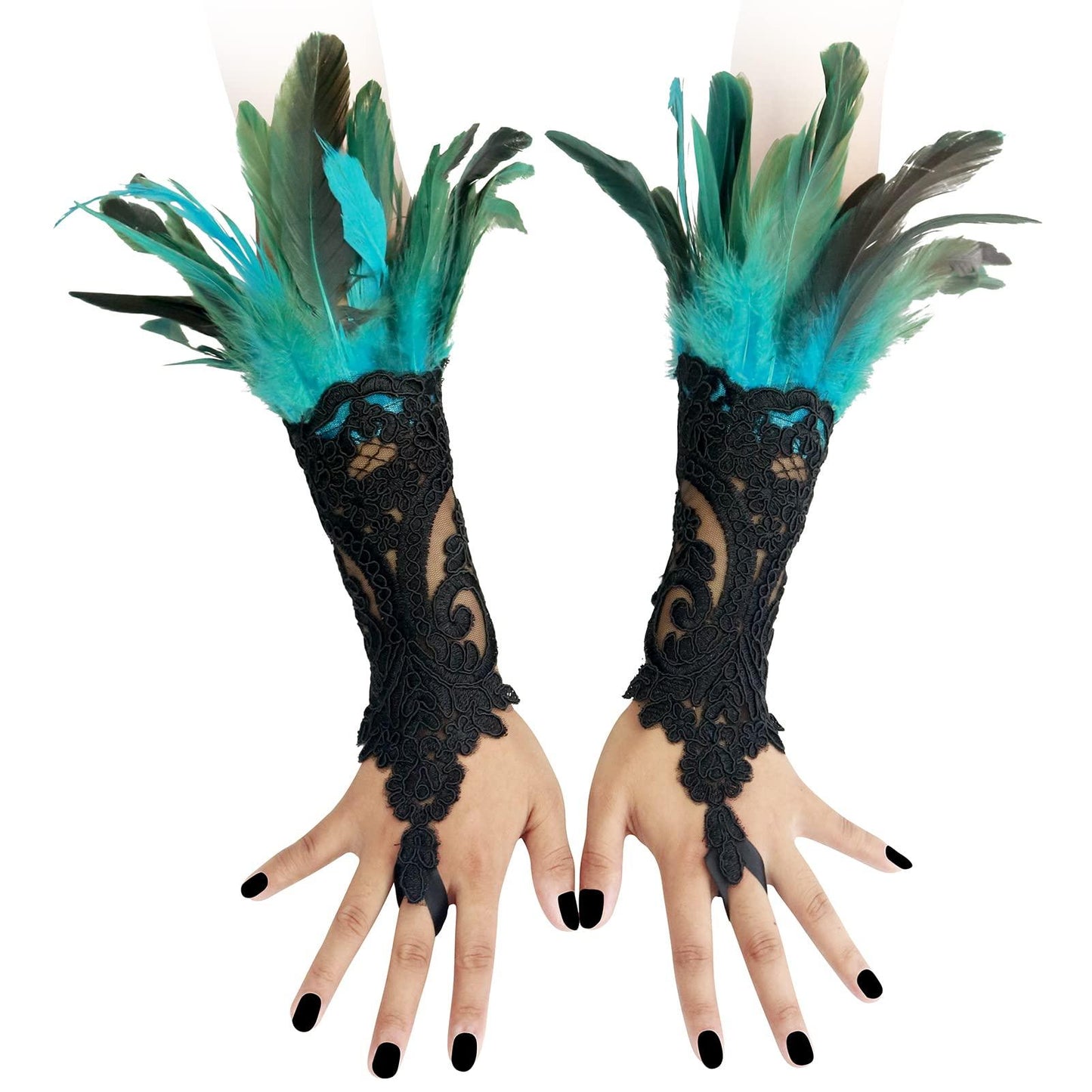 HOMELEX Women Black Lace Feather Gloves Witch Angel Costume Accessories Swan Wings Wrist Bands - HOMELEX